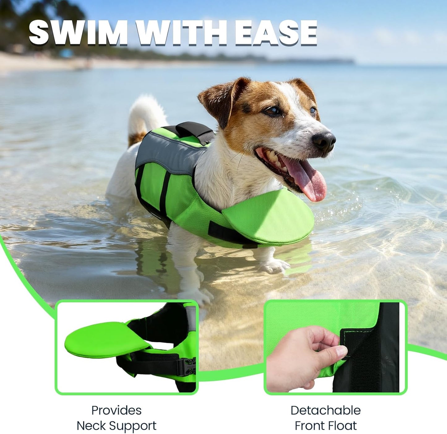 Dog Life Vest Front Float Dog Swim Vest, XXS, Bright Green | Life Jacket with Chin Float & Handle for Swimming & Boating, High Visibility Adjustable for Doggy Cat Puppy